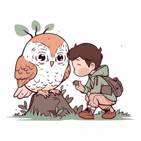 Vector illustration of a boy and a cute owl sitting on a stump