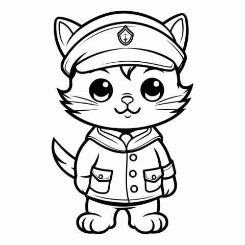 Black and White Cartoon Illustration of Cute Cat Pilot Character