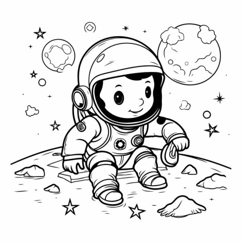 Cartoon astronaut on the moon for coloring book.