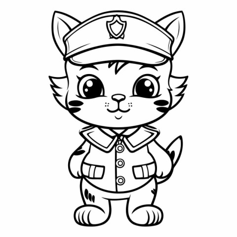 Black and White Cartoon Illustration of Cute Cat Police Officer