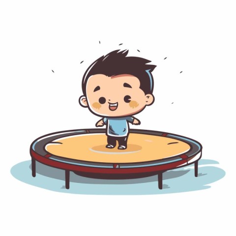 Cute boy playing on trampoline. cartoon vector illustration.