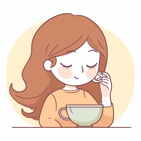 Cute little girl drinking tea or coffee in cartoon style.