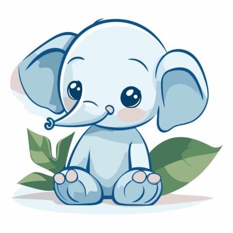 Cute cartoon elephant sitting on green leaves for children.