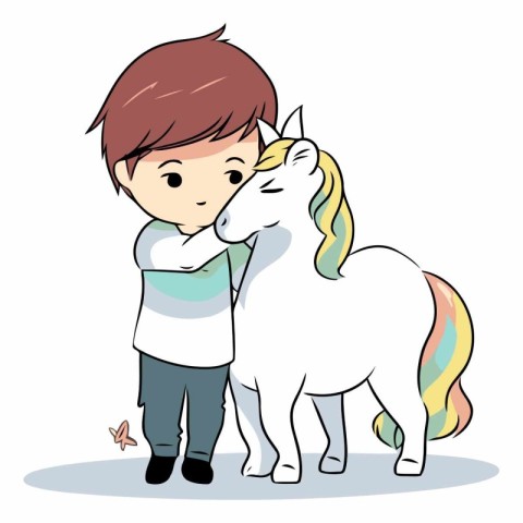 Cute little boy with a unicorn on a white background