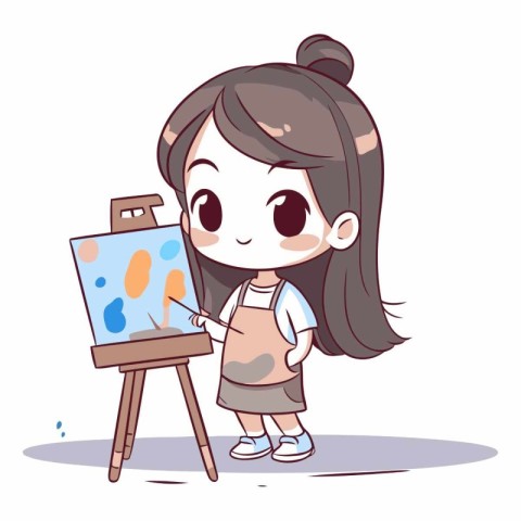 Cute little girl painting picture on easel.