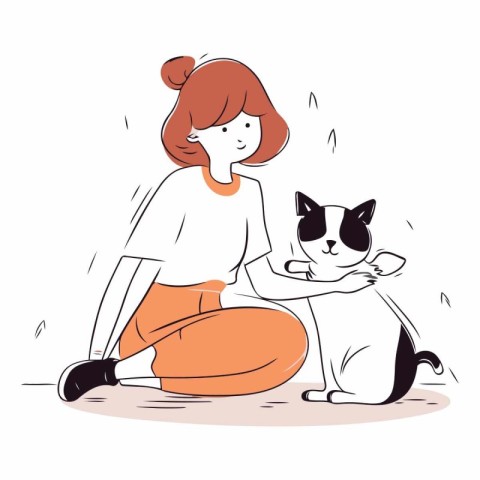 Vector illustration of a girl sitting on the floor with a cat.