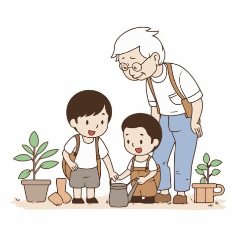 Grandfather and grandson planting in the garden. vector cartoon