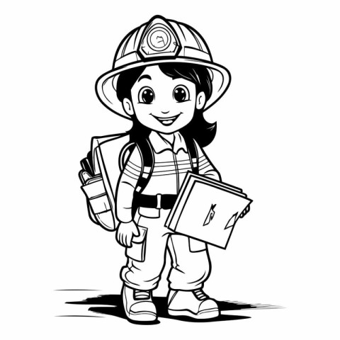 Firefighter girl with helmet and uniform holding clipboard.