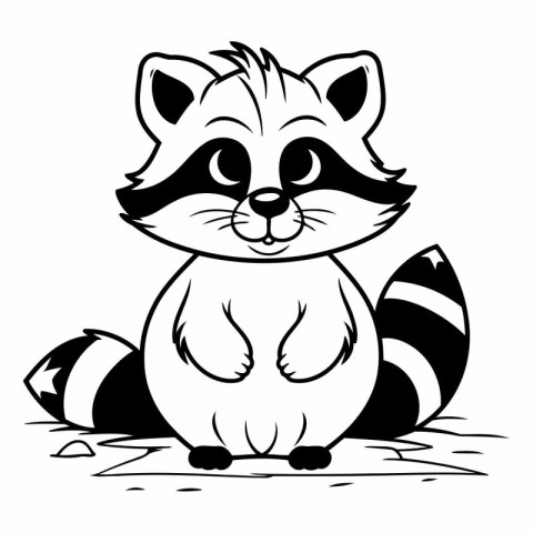 Cute Raccoon - Black and White Cartoon Illustration. Vector