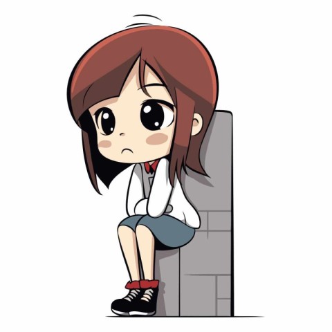 Sad girl sitting on the wall isolated on white background.