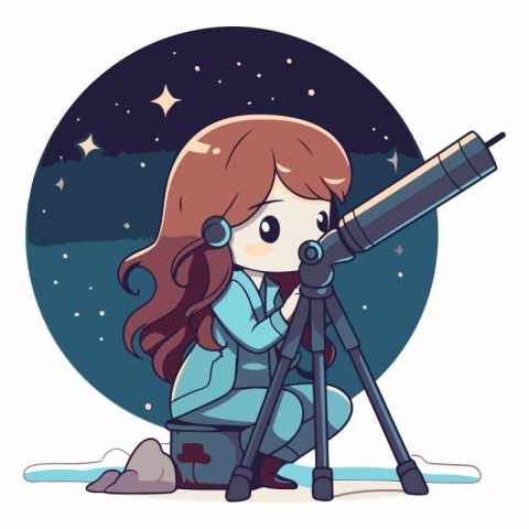 Cute little girl with telescope in the night starry sky.