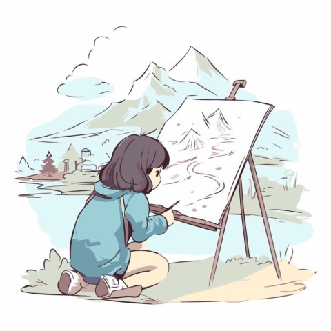 Girl draws on the easel in the mountains.