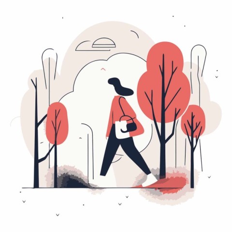 Vector illustration of a woman walking in the autumn park. Flat