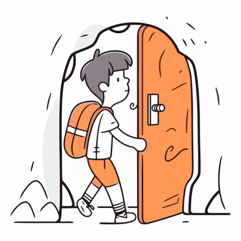 Boy with backpack coming out of the door in cartoon style