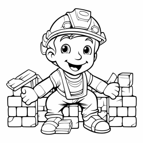 Black and White Cartoon Illustration of a Little Boy Constructio