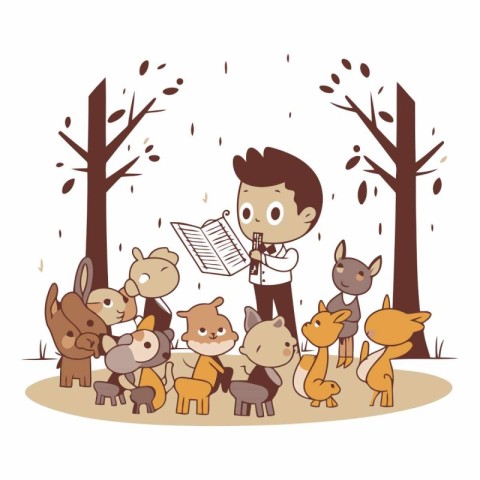 Vector illustration of a boy reading a book with a group of dogs