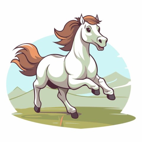 White horse running on the meadow in cartoon style.