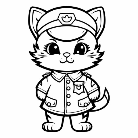 Black and White Cartoon Illustration of Cute Cat Pilot Character