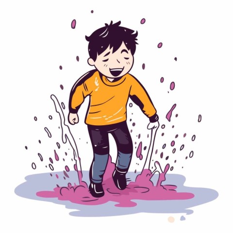 Vector illustration of a little boy playing in a mud puddle.