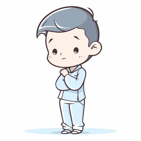 Sad boy standing with hands on chin in cartoon style.