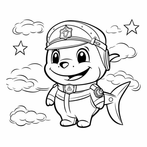 Black and White Cartoon Illustration of Cute Little Pirate Capta