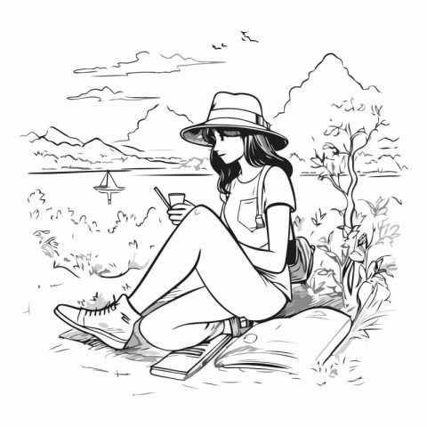 Sketch of a girl sitting on the grass and drinking a cocktail