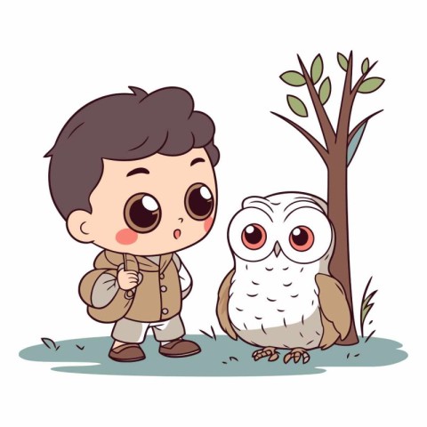 Boy with owl and tree. Cute cartoon character.