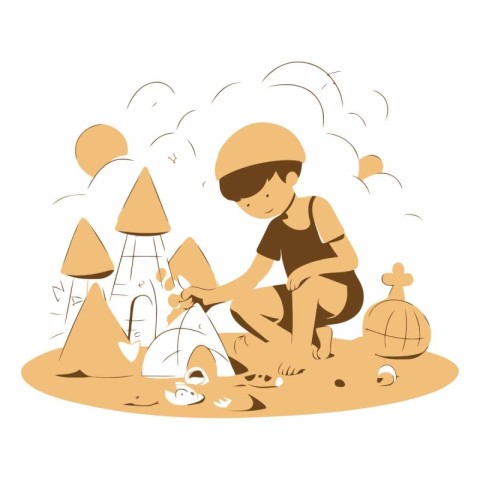 Little boy playing with sand and stones in cartoon style.