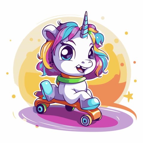 Cute cartoon unicorn riding on a skateboard.