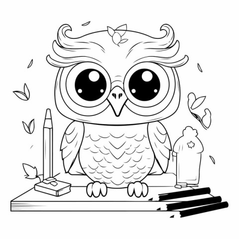 Coloring book for children: owl and pencils.