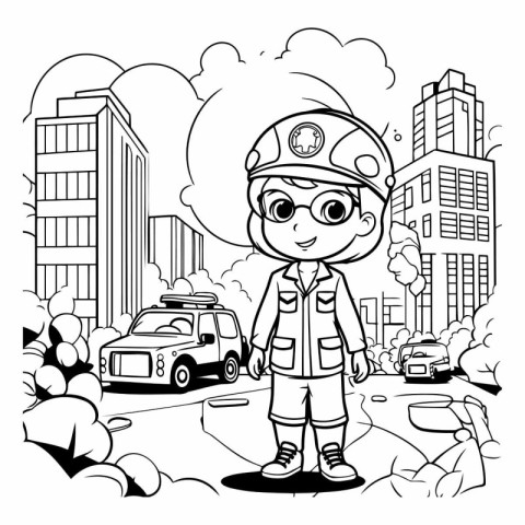 Firefighter Boy Coloring Page Outline.