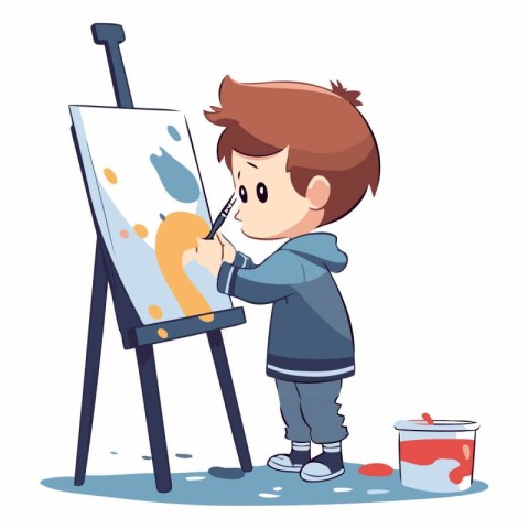 Boy painting a picture on easel in cartoon style