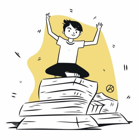 Happy man sitting on pile of books in cartoon style.