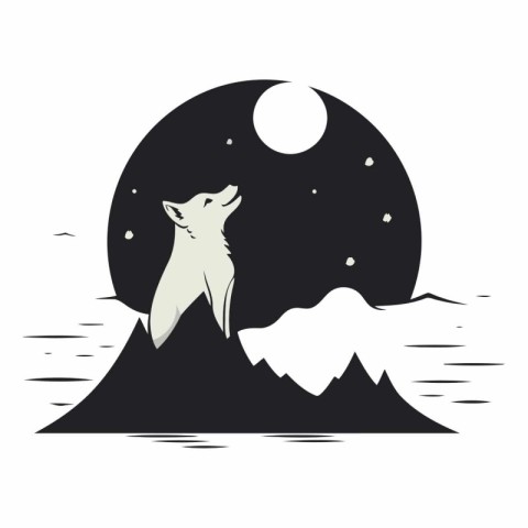 Illustration of a wolf on a mountain with a moon in the backgrou