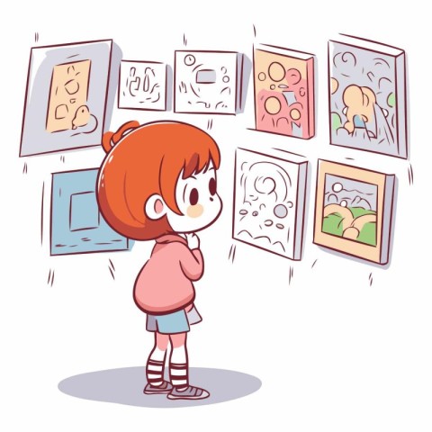 Illustration of a Cute Little Red Haired Girl Surrounded by Pict