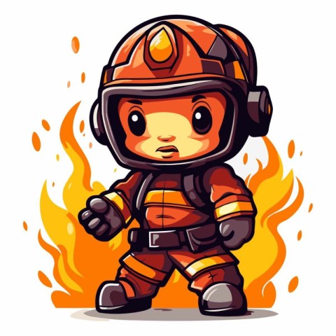 Cute cartoon firefighter with helmet on fire isolated on white b