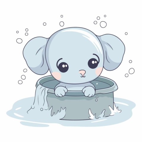 Cute cartoon elephant drinking water from a bowl.