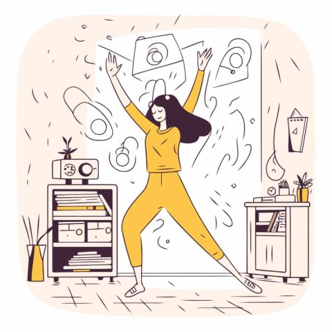 Young happy woman dancing at home in the living room.