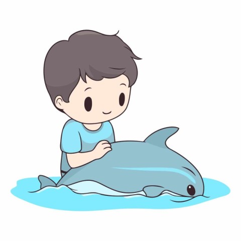 Boy and dolphin on a white background in cartoon style.