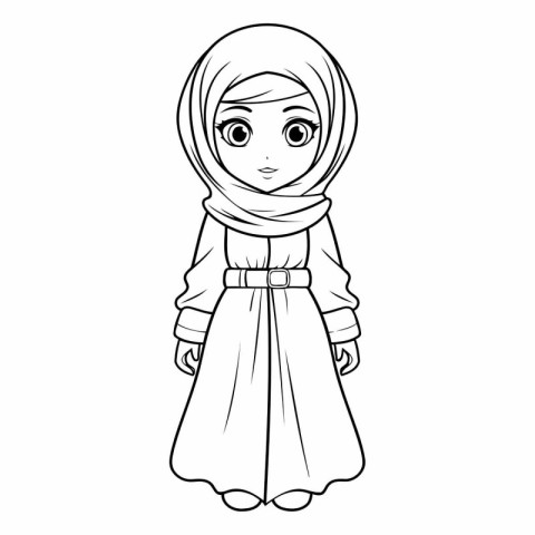 Cute muslim girl in traditional clothes for coloring book.