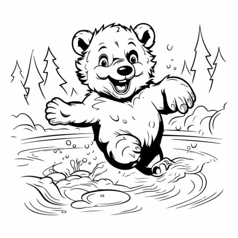 Black and White Cartoon Illustration of Bear Jumping in Water or