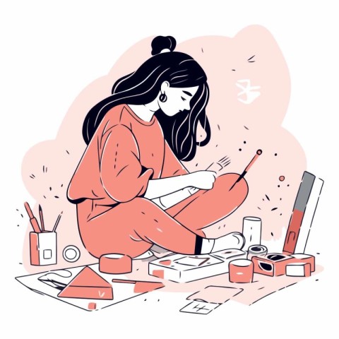 Vector illustration of a girl doing her make-up at home.