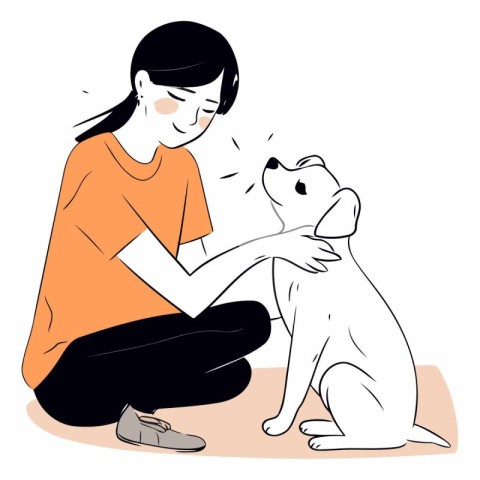 Young woman playing with a dog on white background.