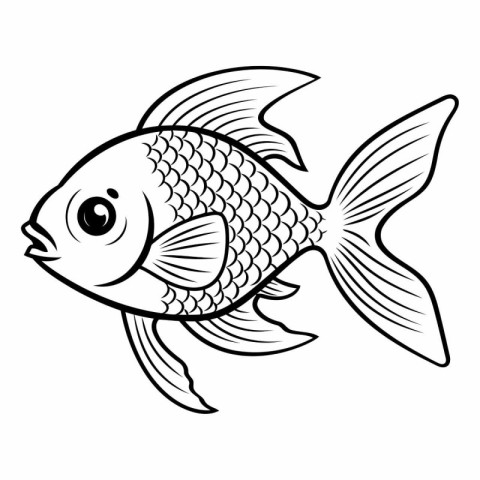 Black and white vector illustration of a goldfish swimming in th