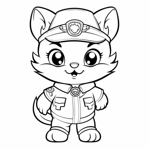 Black and White Cartoon Illustration of Cute Little Fox Captain