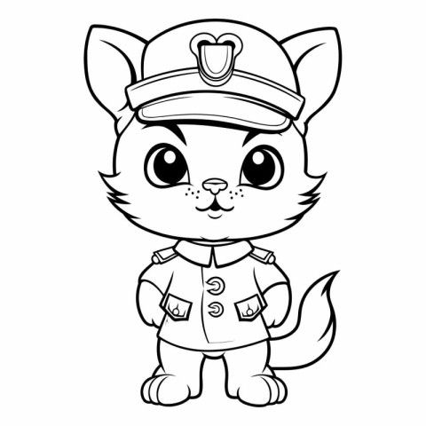 Black and White Cartoon Illustration of Cute Cat Captain Charact