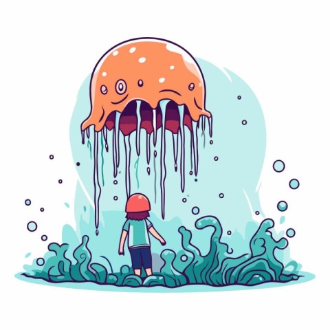 Cartoon jellyfish swimming in the sea in a flat style.