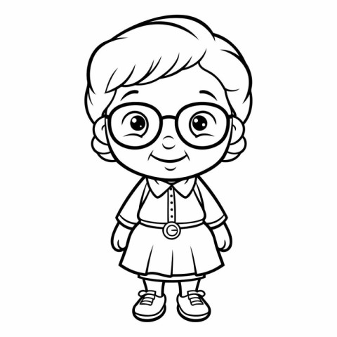 Outline illustration of a cartoon girl wearing glasses.