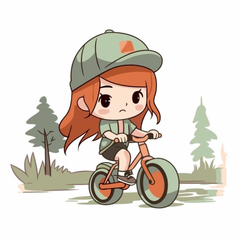 Cute girl riding a bike in the park. Cartoon vector illustration