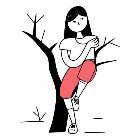 Girl in sportswear sitting on a tree.